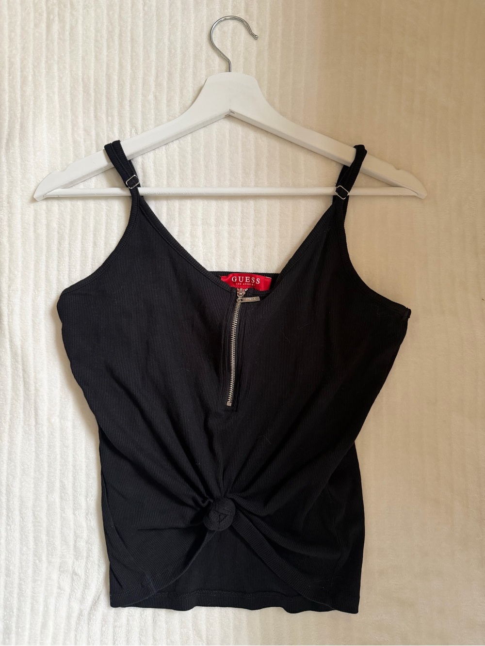 Guess Black Ribbed Zip-Up Knot Cami Top (Size L)